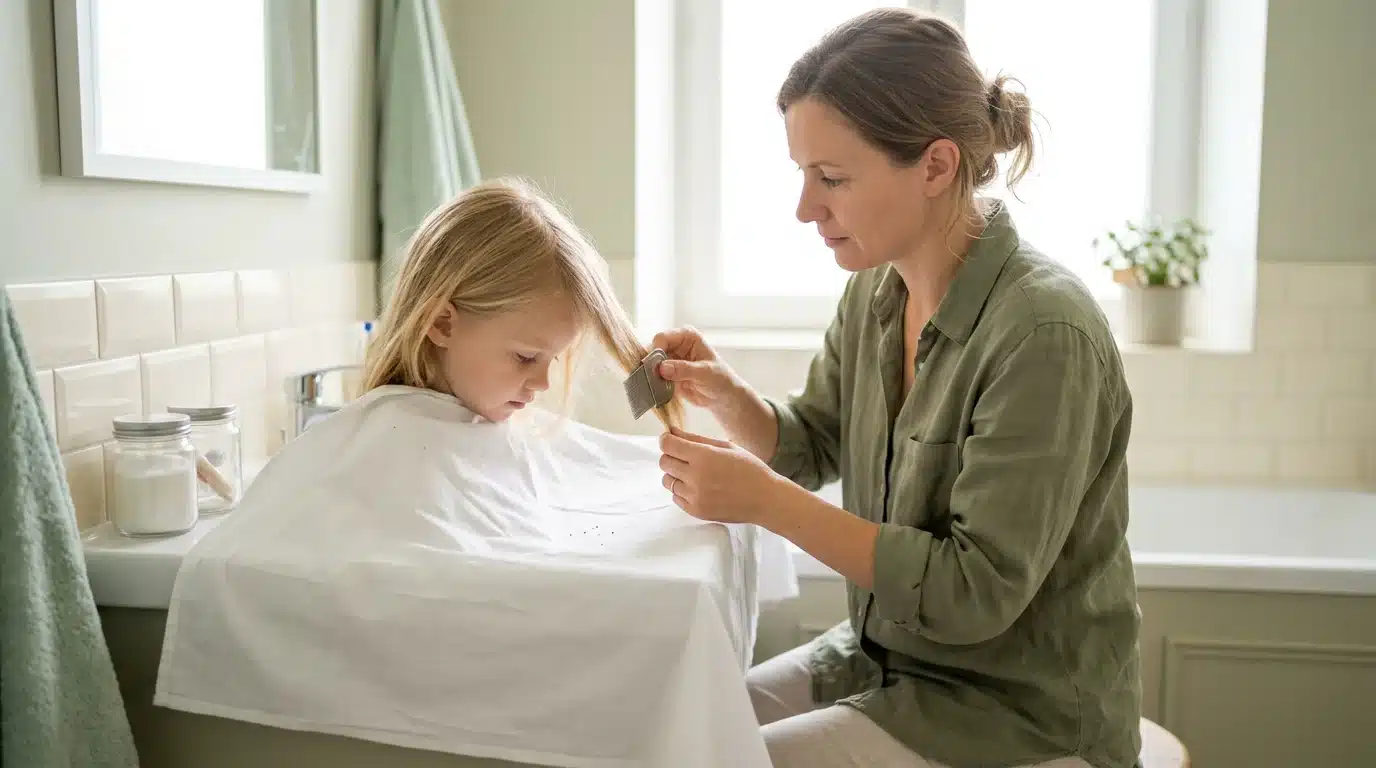 Parent européen inspectant les cheveux d'un enfant avec un peigne fin anti-poux