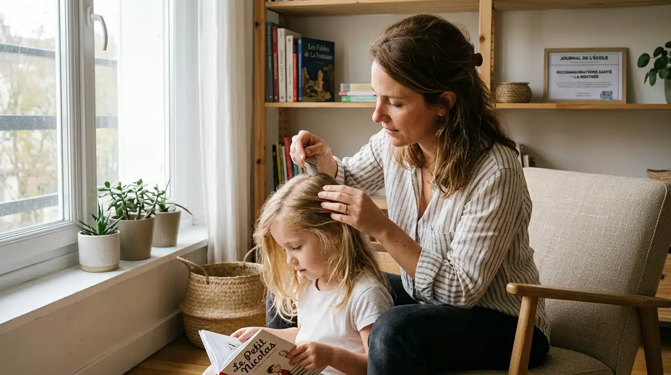 Un parent inspecte le cuir chevelu de son enfant à la lumière du jour