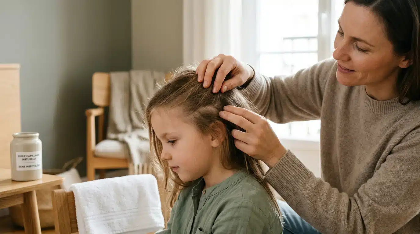 Parent européen inspectant les cheveux de son enfant à la recherche de poux