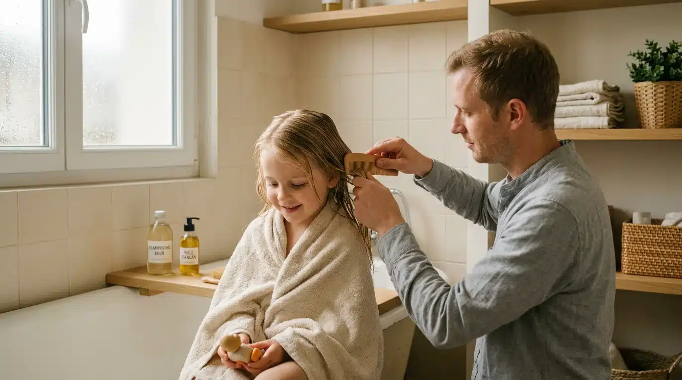 Parent européen peignant les cheveux mouillés d'un enfant pour retirer les poux