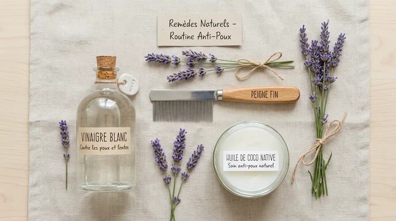 Peigne à poux, vinaigre blanc, huile de coco et lavande pour un traitement naturel