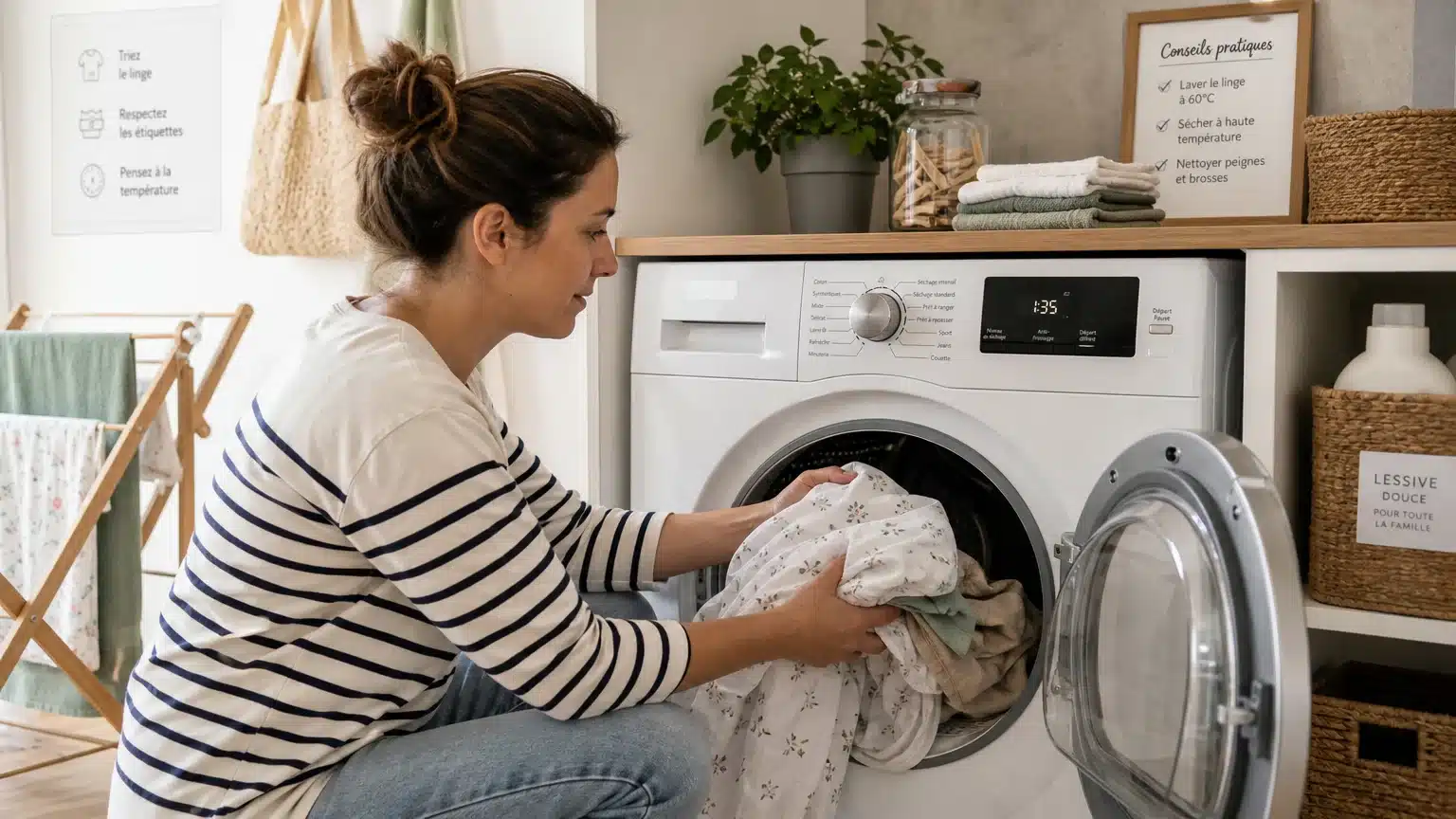 Un parent européen place du linge de lit dans un sèche-linge domestique