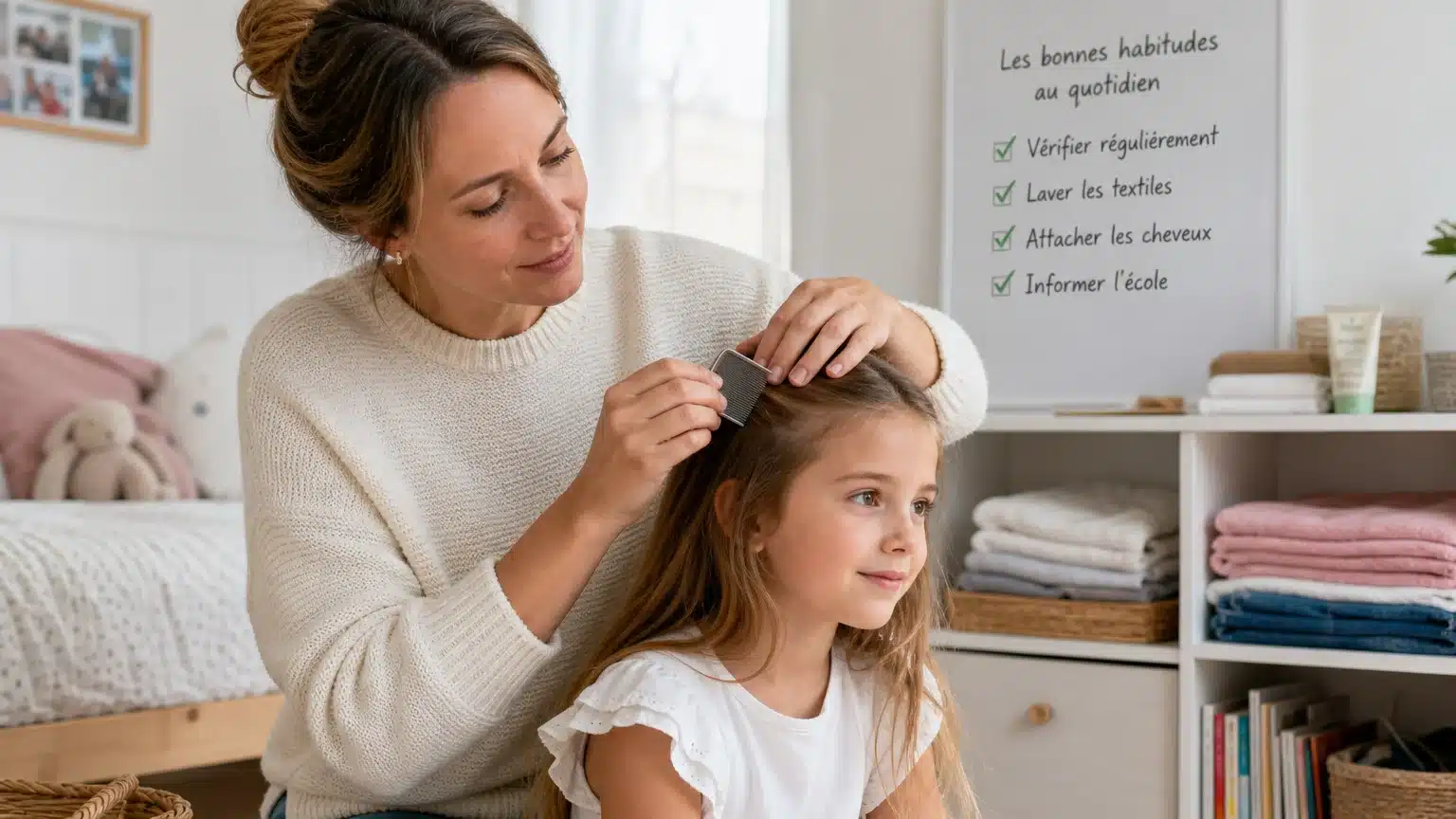 Une mère européenne inspecte les cheveux de son enfant près de linge propre plié