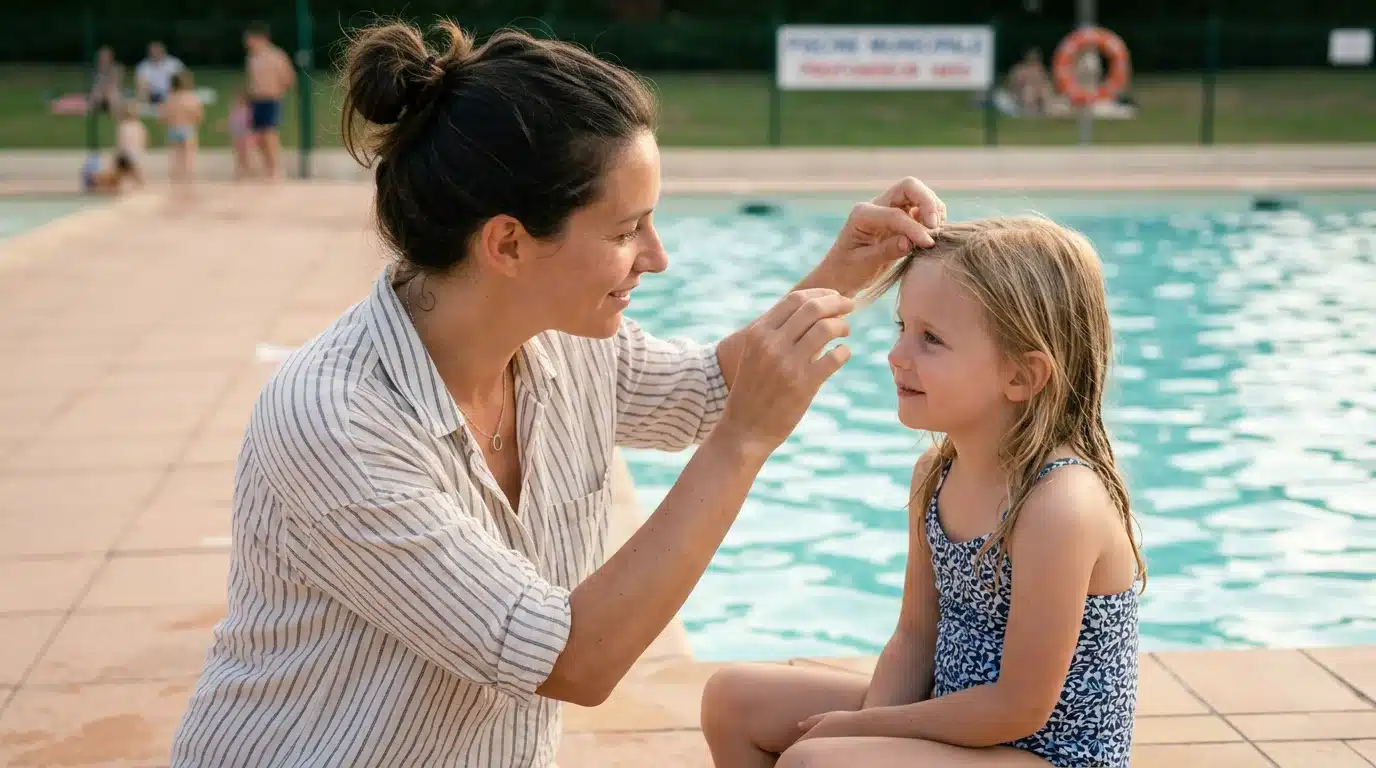 Une mère européenne inspecte les cheveux de sa fille au bord d'une piscine