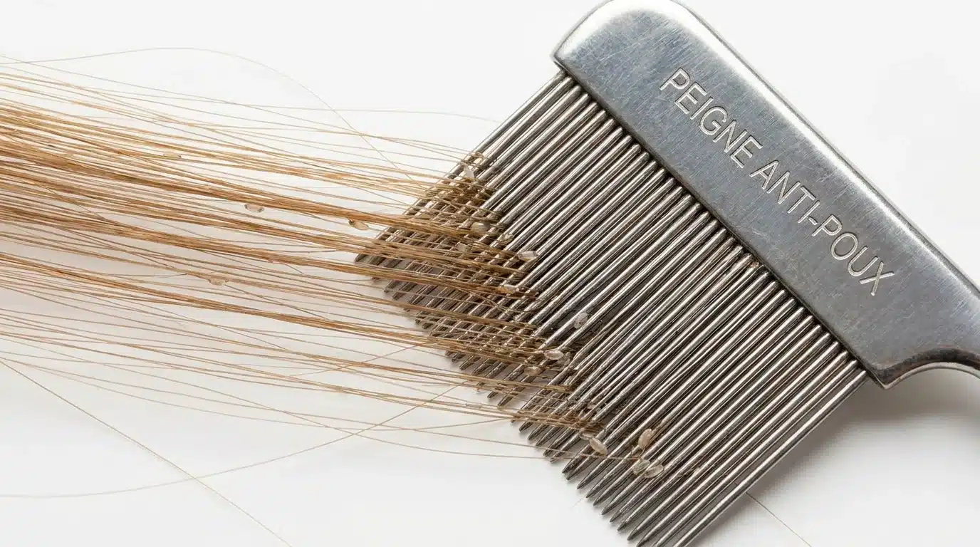 Peigne à dents fines retirant des lentes collées sur une mèche de cheveux