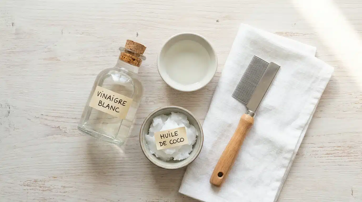Vinaigre blanc, huile de coco, peigne fin et serviette disposés pour le retrait des lentes