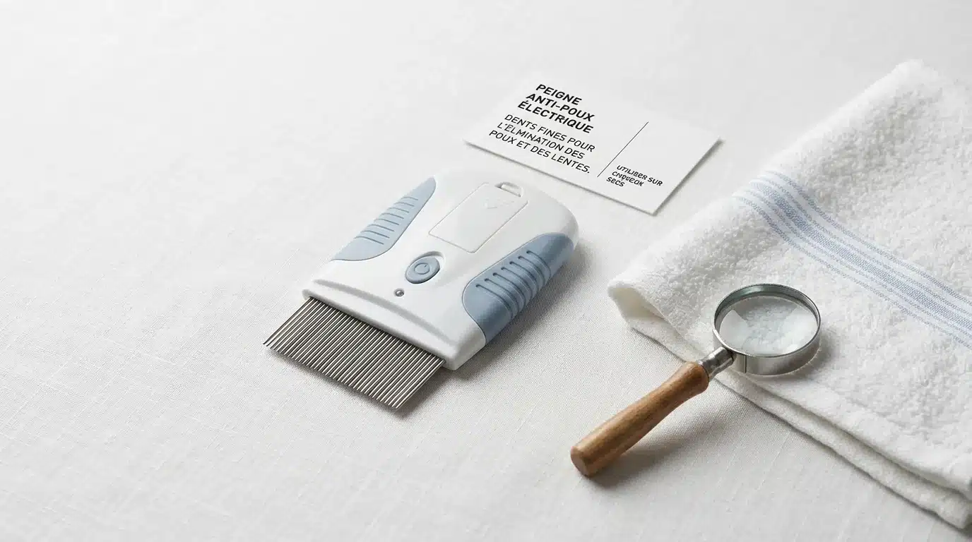 Peigne électrique anti-poux à dents fines posé sur une surface claire