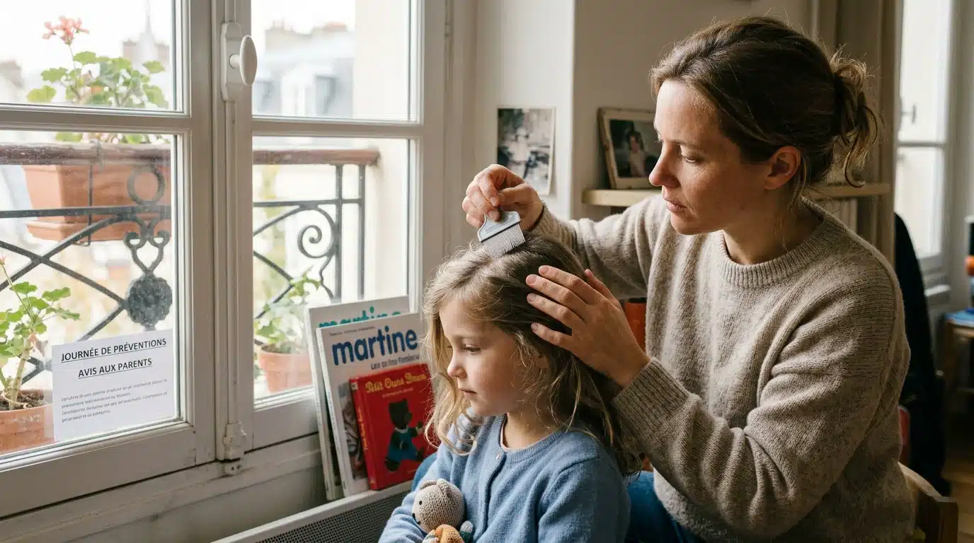 Parent européen inspectant le cuir chevelu d'un enfant avec un peigne anti-poux