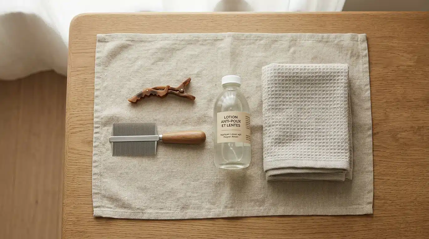 Peigne anti-poux, lotion et serviette disposés sur une table en bois