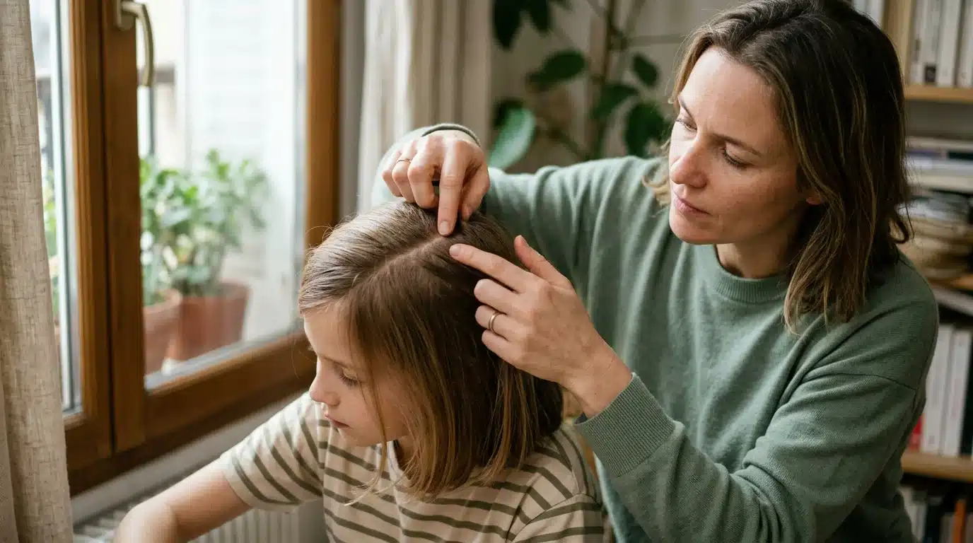 Parent européen inspectant les cheveux d'un enfant à la racine pour repérer les lentes