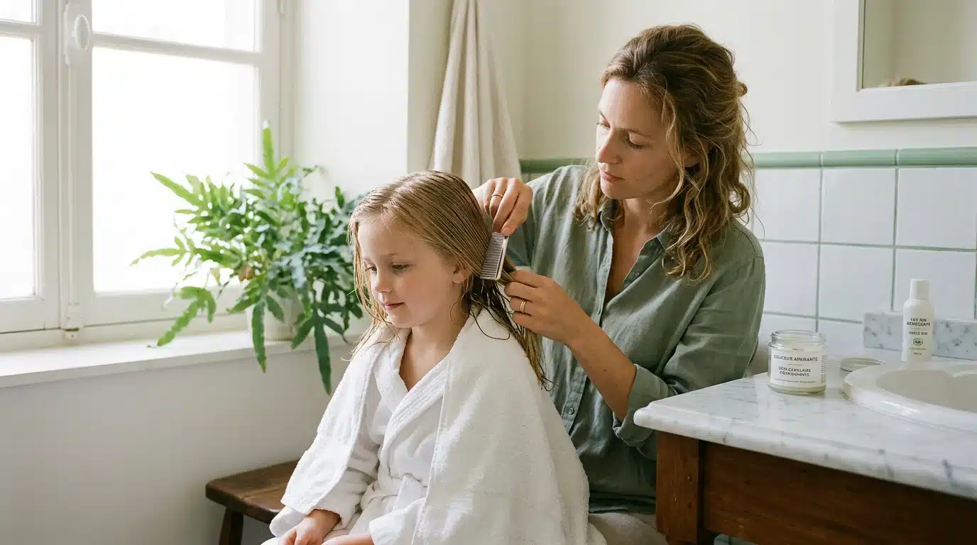 Mère européenne peignant les cheveux humides de sa fille avec un peigne fin anti-lentes