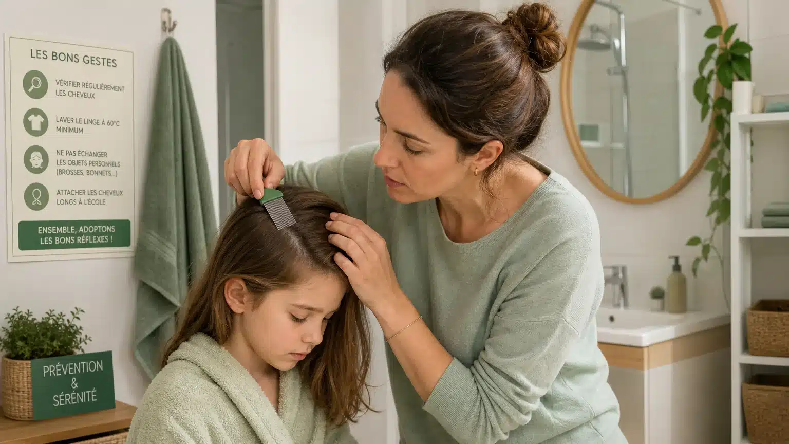 Parent européen peignant les cheveux d'un enfant avec un peigne anti-poux fin