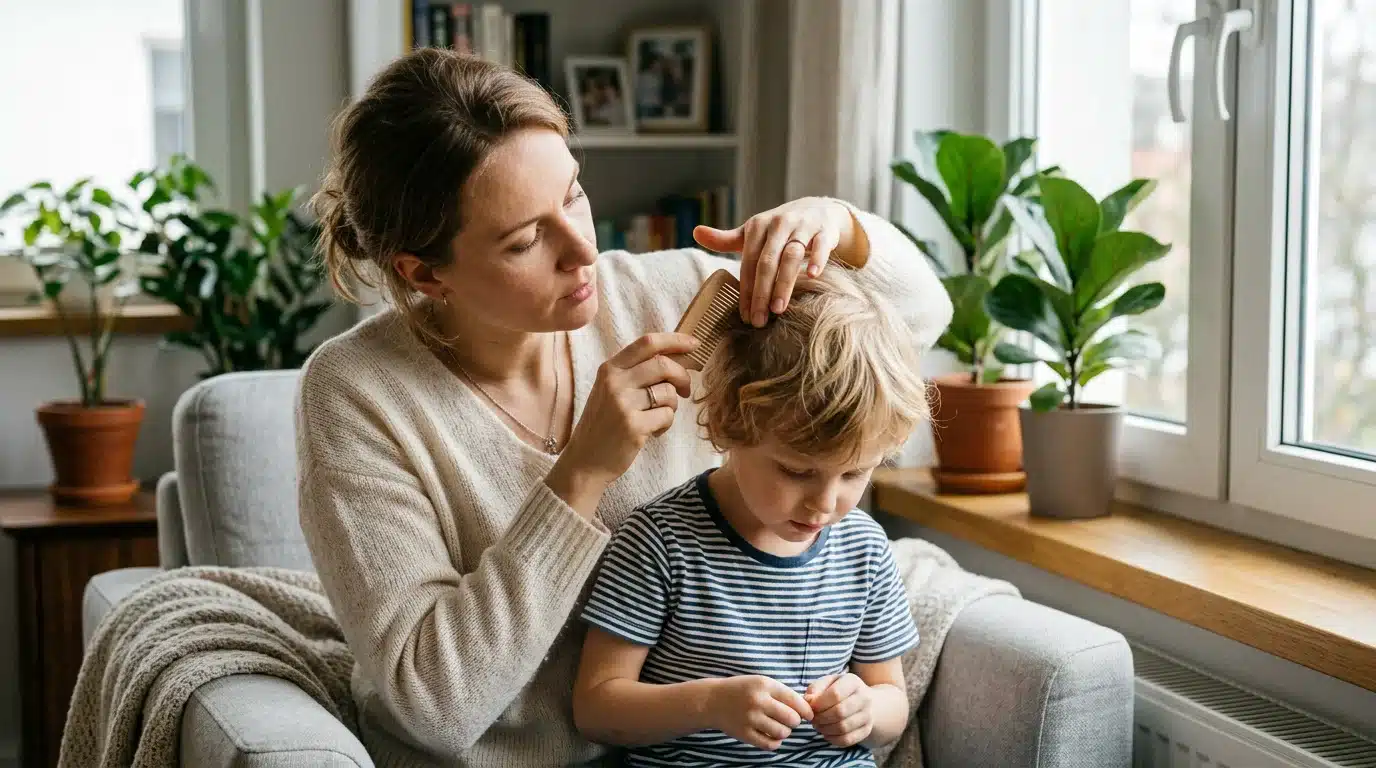 Mère examinant les cheveux de son enfant avec un peigne fin