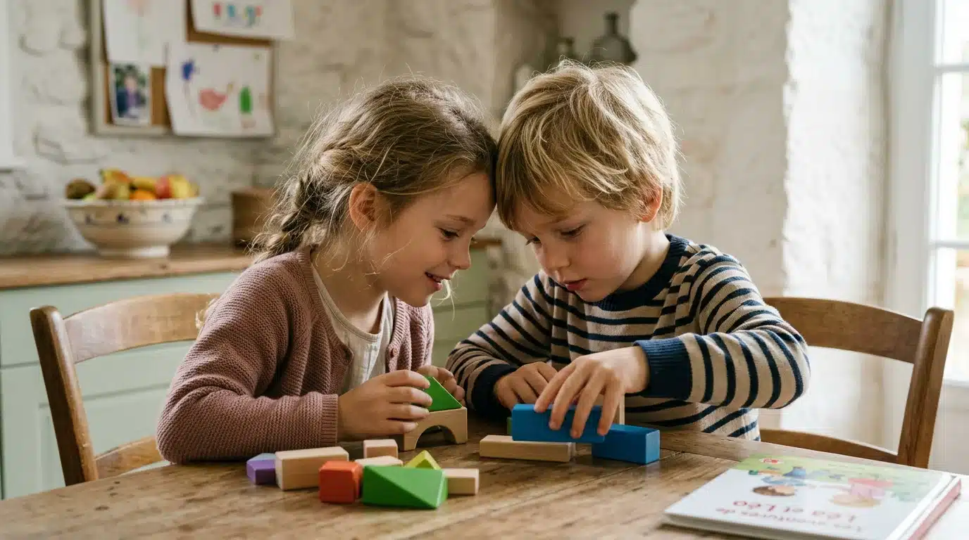 Deux enfants européens tête contre tête illustrant le principal mode de transmission des poux