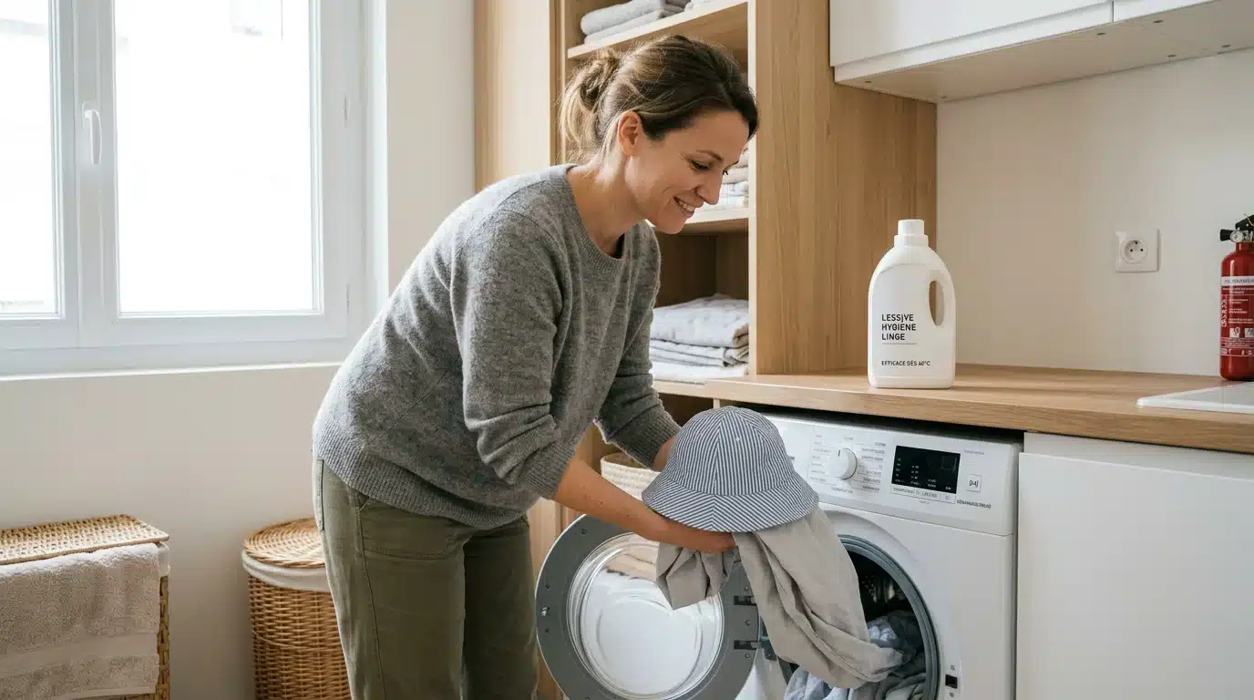 Parent européen lavant le linge de maison pour limiter la contamination par les poux