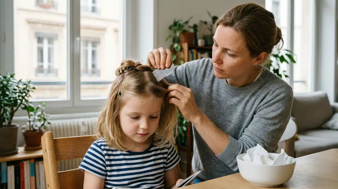 Parent inspectant le cuir chevelu d'un enfant avec un peigne fin sous une lumière naturelle