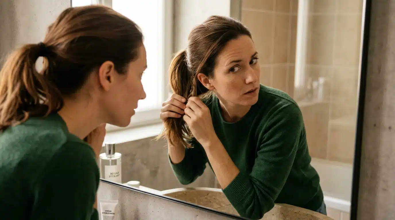 Femme adulte européenne examinant son cuir chevelu devant un miroir pour détecter des poux