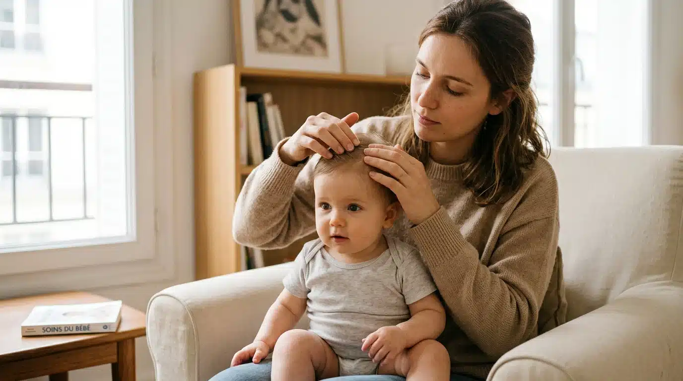 Une mère examine le cuir chevelu de son bébé à la lumière du jour