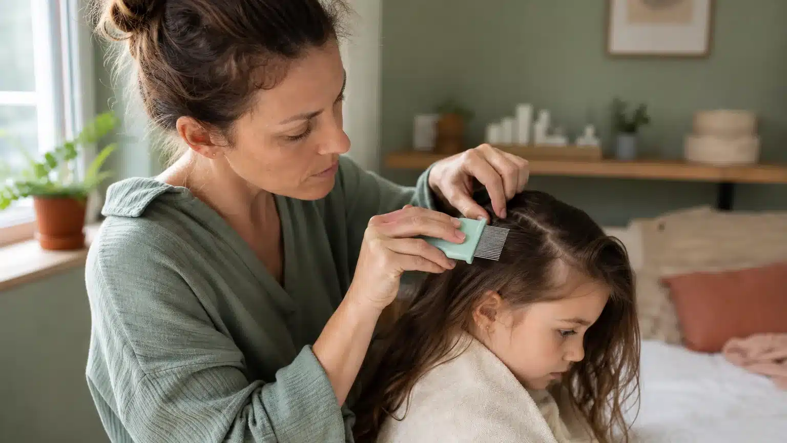 Parent examinant les cheveux d’un enfant avec un peigne anti-poux