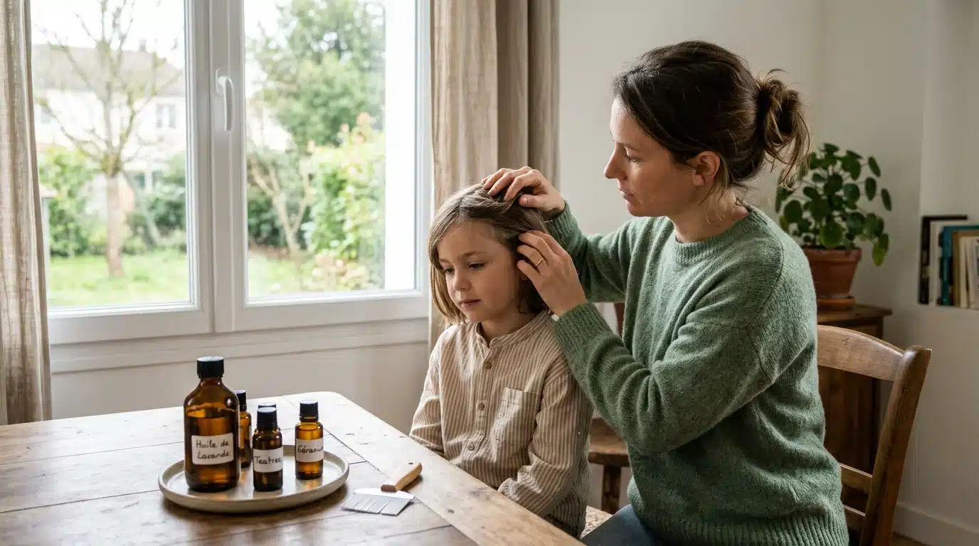 Parent examinant le cuir chevelu d'un enfant avec un peigne anti-poux et des huiles essentielles