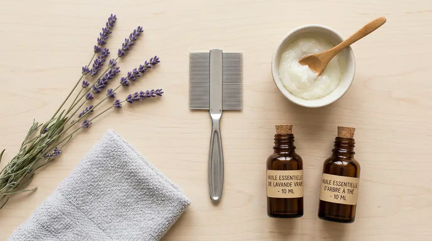 Peigne anti-poux, huile de coco et huiles essentielles disposés pour un traitement naturel