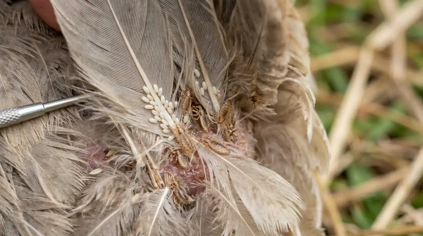 Gros plan sur des poux mallophages et leurs lentes à la base des plumes d'une poule