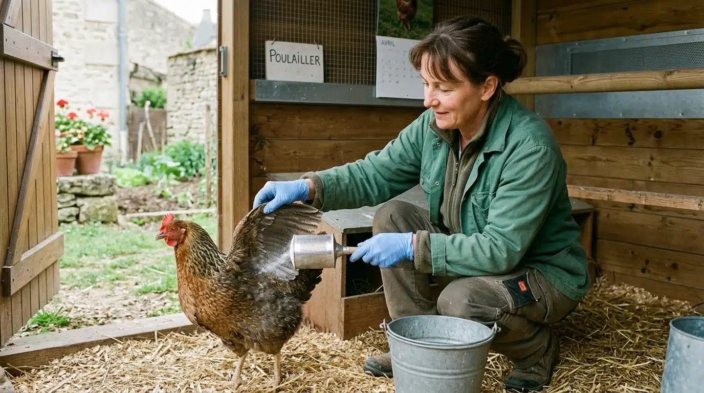 Éleveur appliquant un traitement naturel en poudre sous les ailes d'une poule