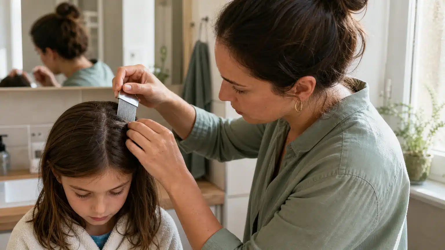 Parent examinant les cheveux d’un enfant avec un peigne anti-poux