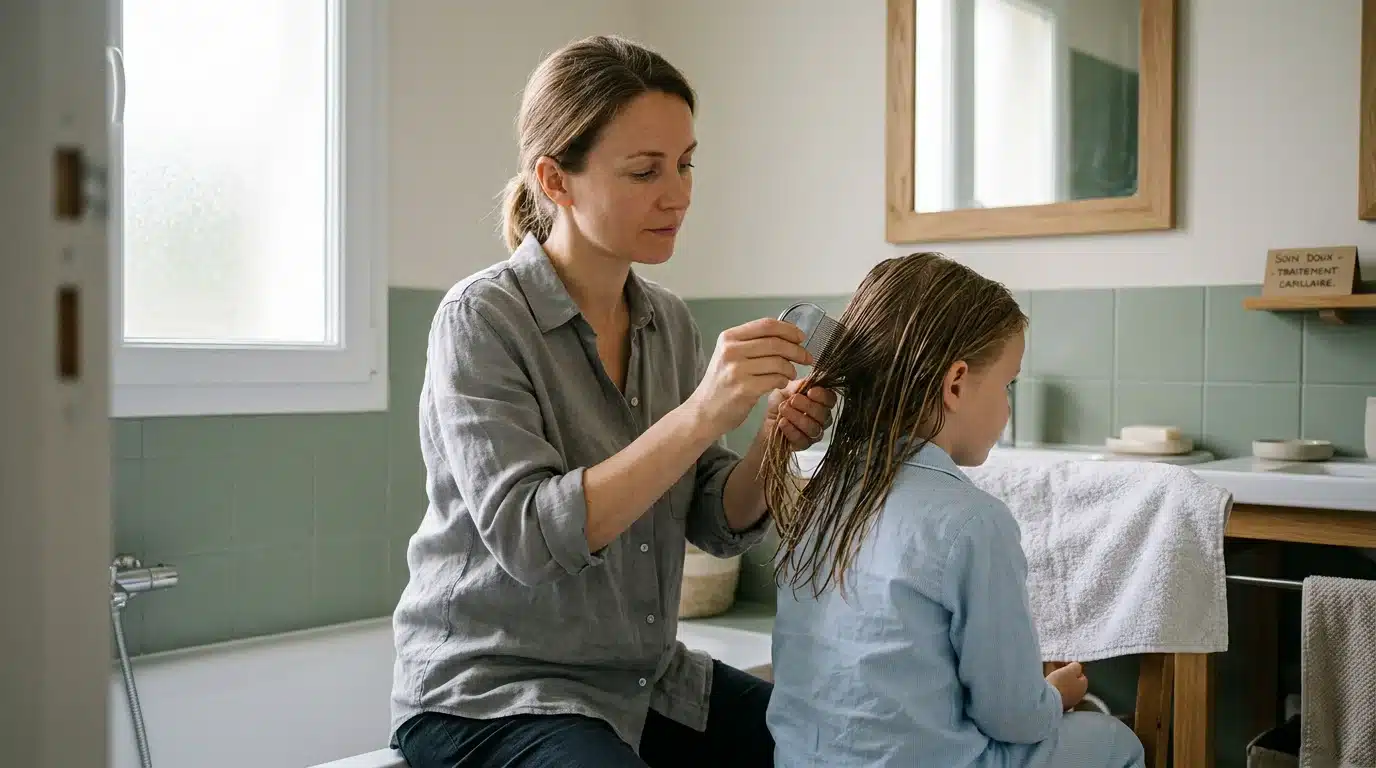 Parent peignant les cheveux d'un enfant avec un peigne anti-poux fin