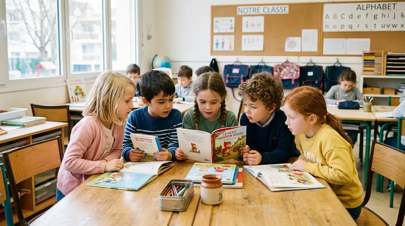 Enfants européens proches les uns des autres en classe, têtes rapprochées