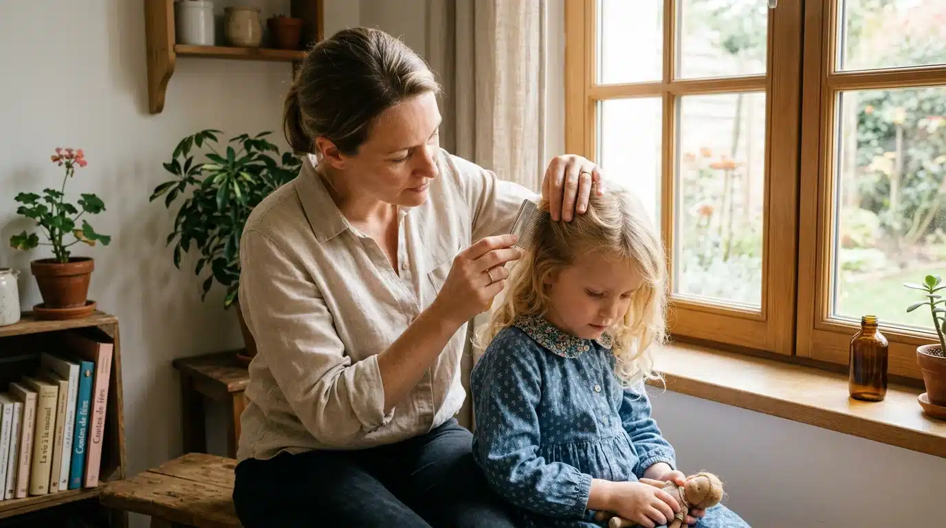 Mère examinant les cheveux de son enfant avec un peigne fin à la lumière
