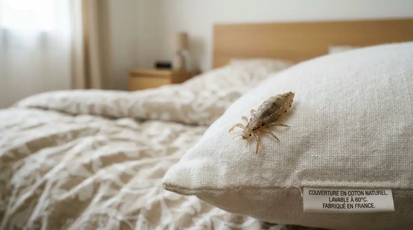 Un pou de tête isolé sur une taie d'oreiller blanche en gros plan
