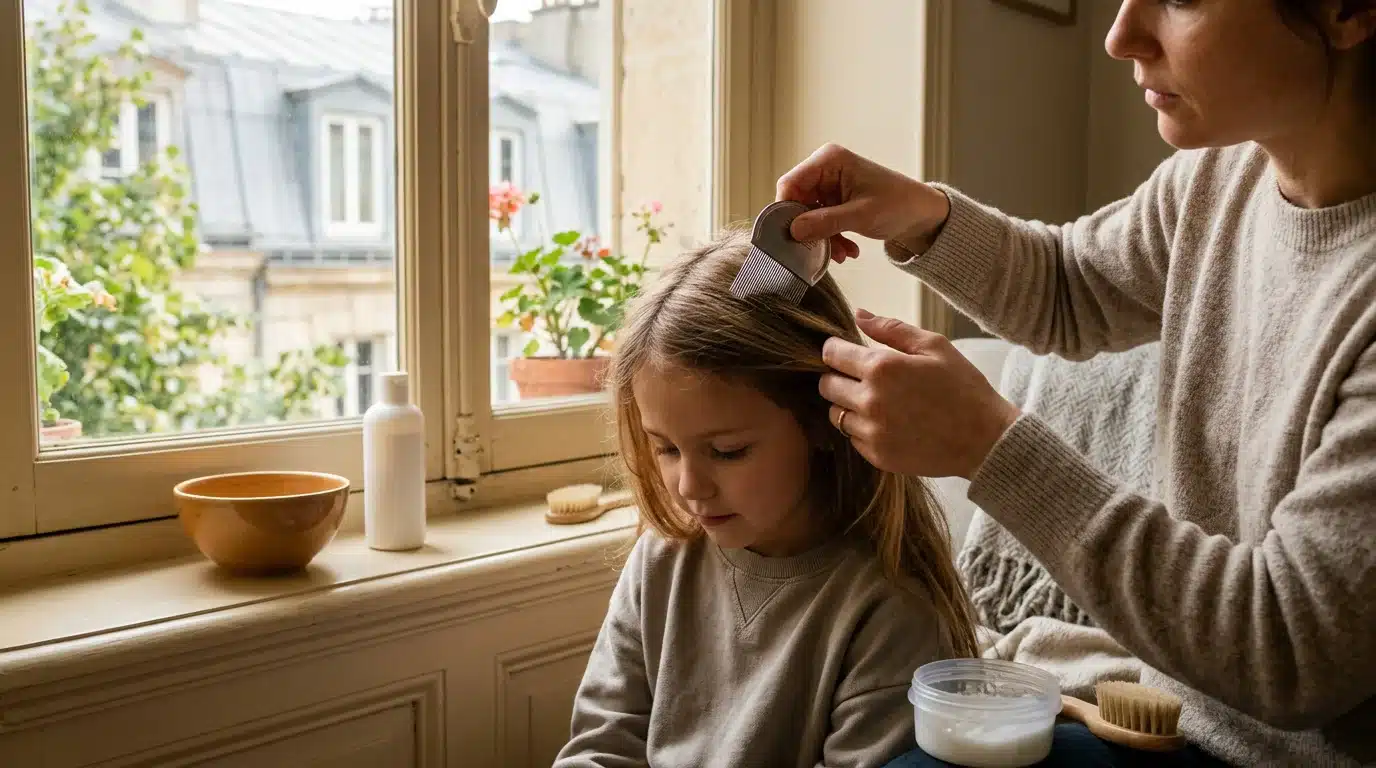 Un parent européen peigne les cheveux d'un enfant avec un peigne anti-poux fin