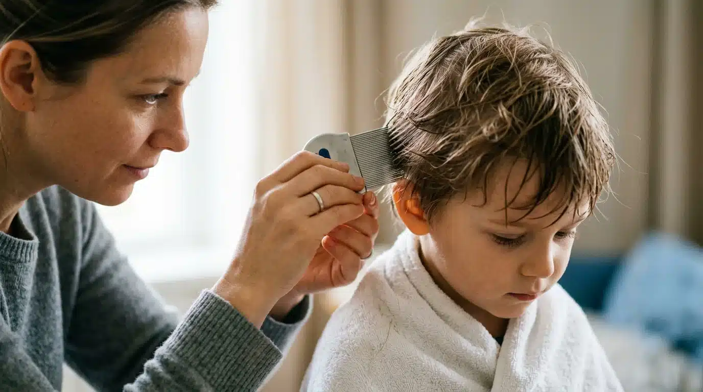 Parent européen passant un peigne fin dans les cheveux humides d'un enfant