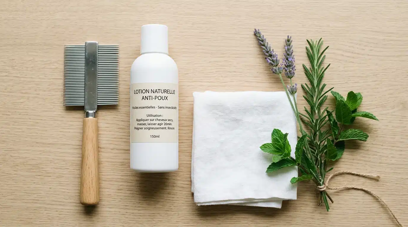 Peigne fin métallique et lotion naturelle disposés à plat sur un plan en bois clair