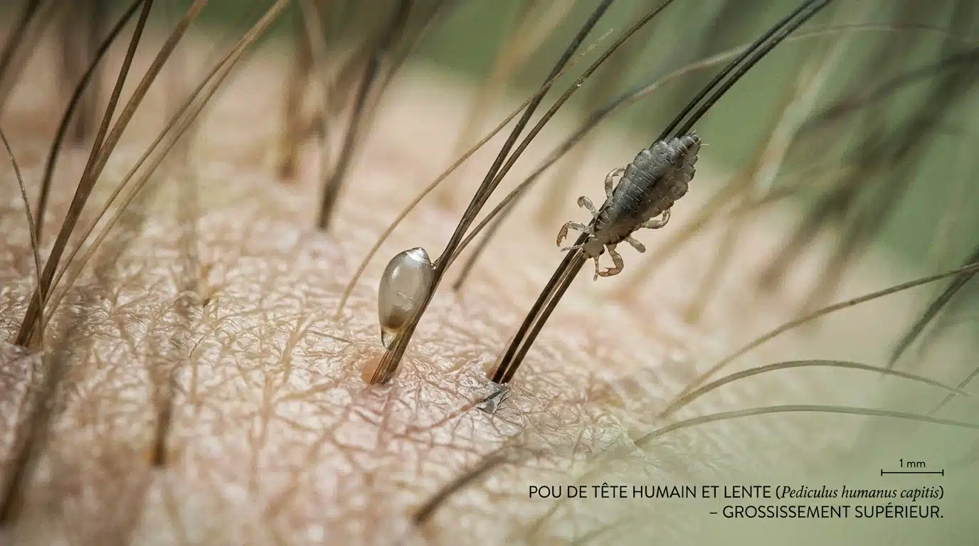 Gros plan d'un pou et d'une lente accrochés à la racine d'un cheveu