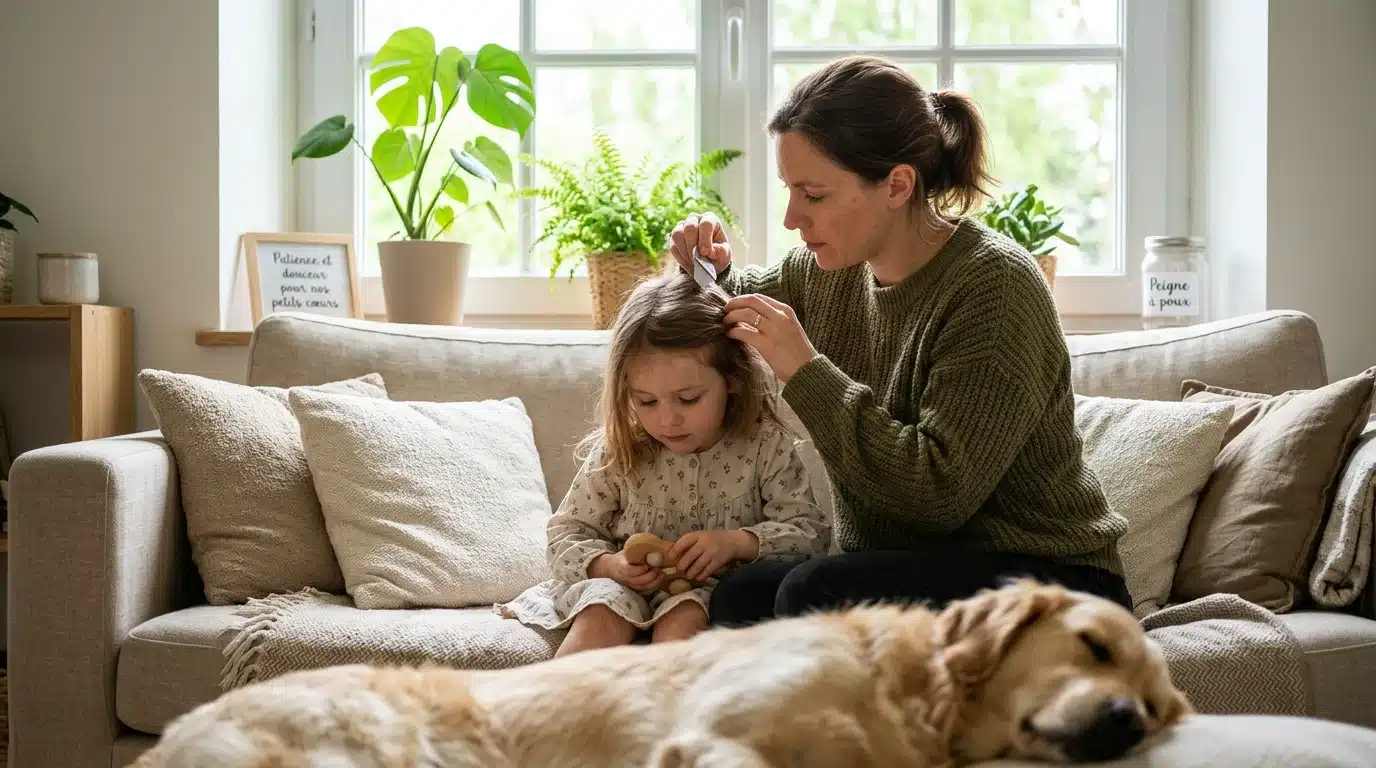 Parent européen inspectant les cheveux d'un enfant avec un peigne fin