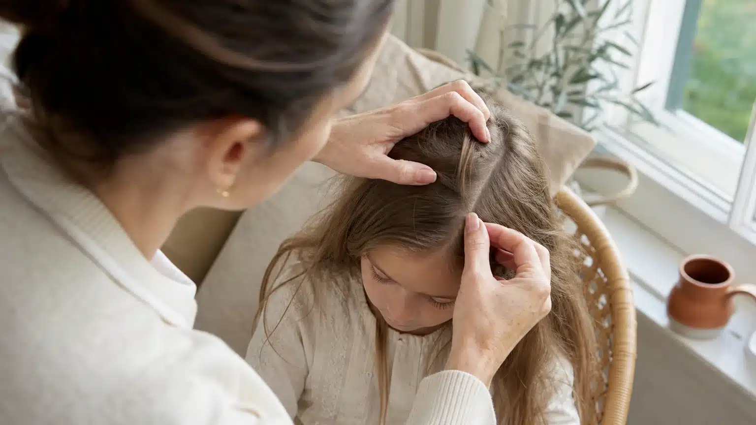 Examen attentif des cheveux d’un enfant pour distinguer une lente d’une pellicule