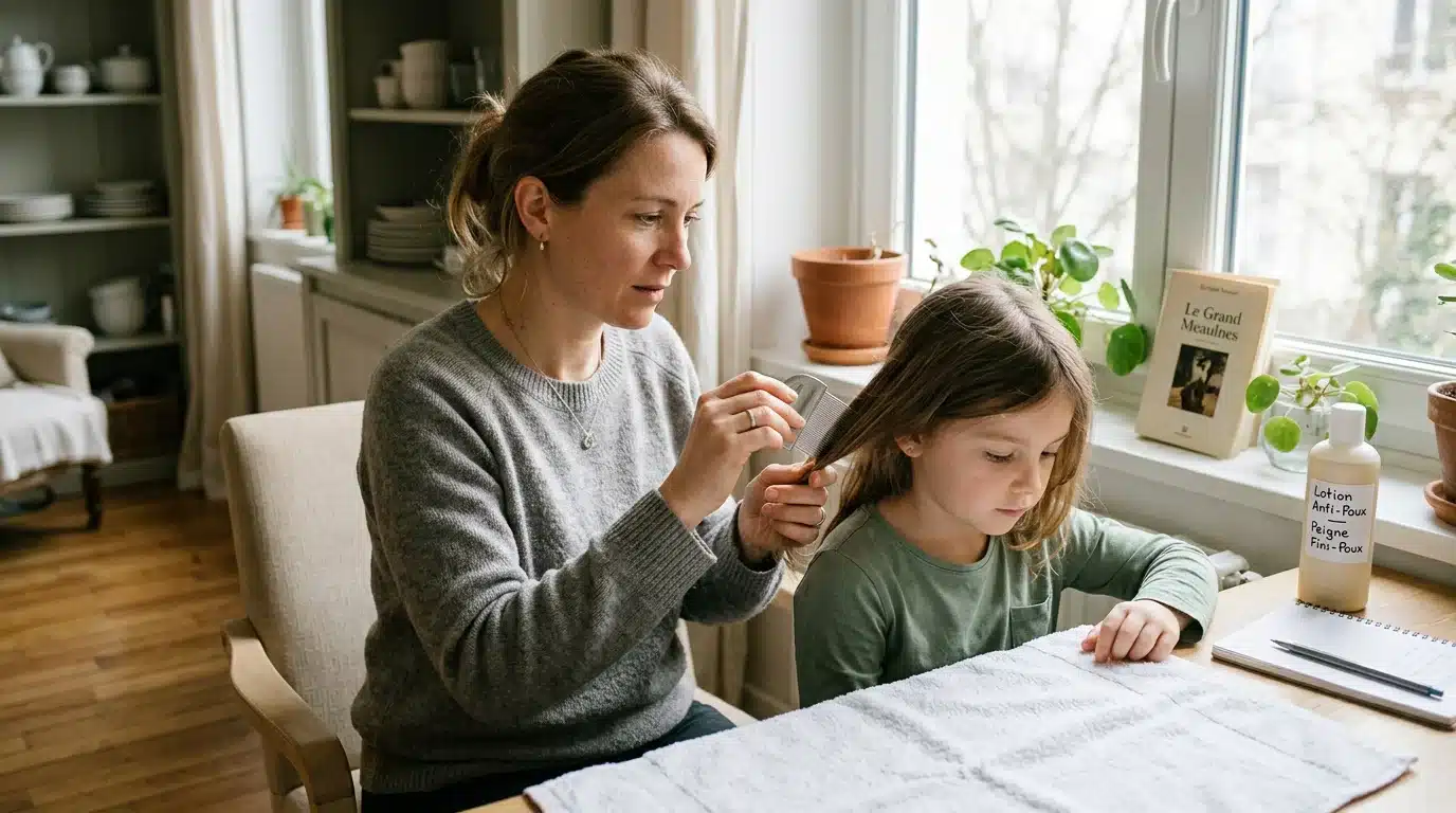 Une mère européenne peigne les cheveux de son enfant avec un peigne fin anti-poux