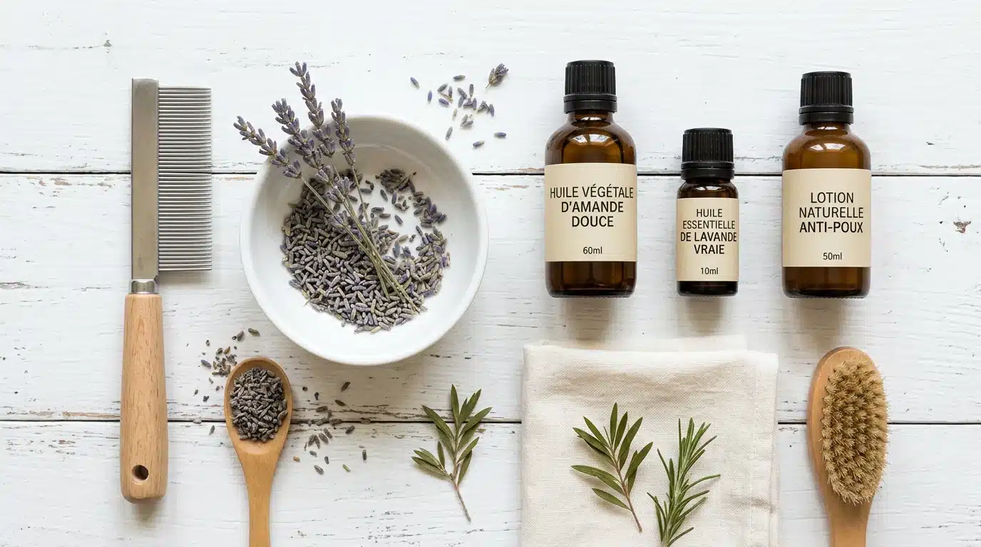 Disposition à plat de produits naturels anti-poux : peigne métallique, huiles végétales et lavande