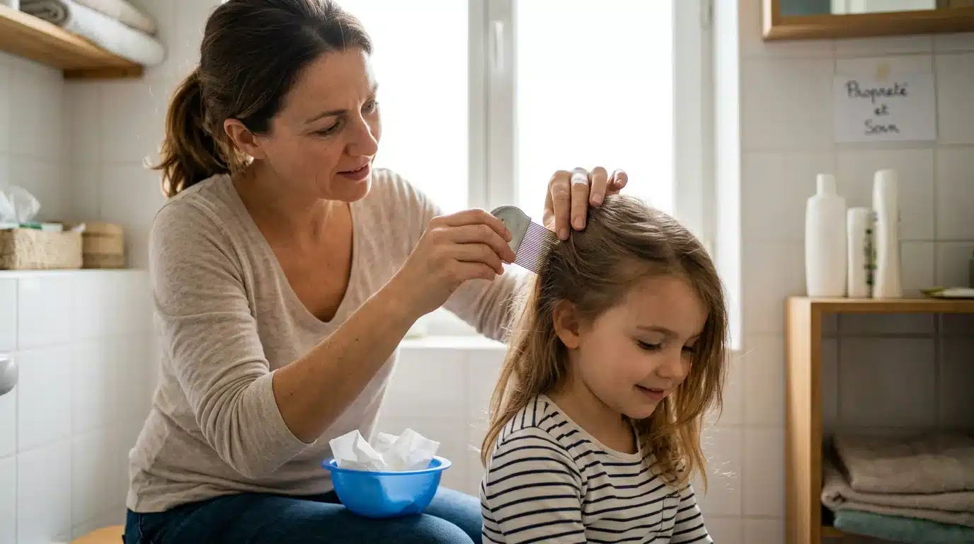 Parent européen inspectant les cheveux de son enfant avec un peigne fin anti-poux