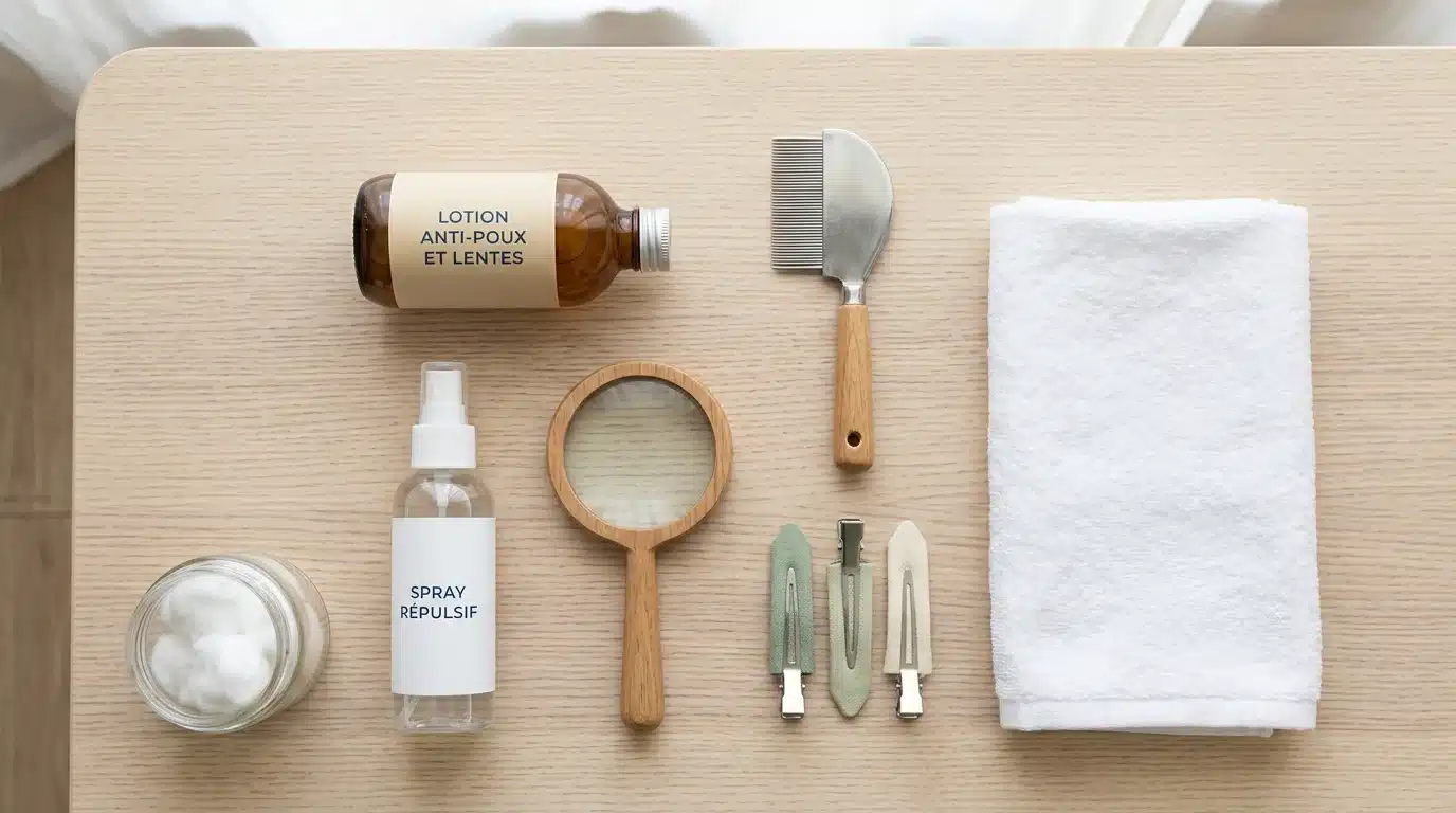 Trousse anti-poux complète avec peigne fin, lotion et répulsif disposés sur une table