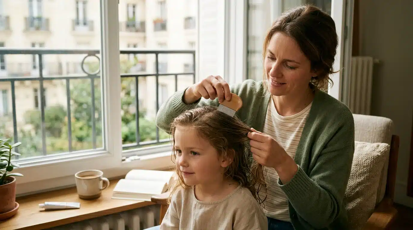 Mère européenne peignant les cheveux de sa fille avec un peigne anti-poux
