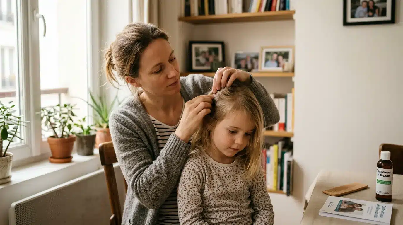 Une mère européenne inspecte le cuir chevelu de sa fille à la recherche de poux