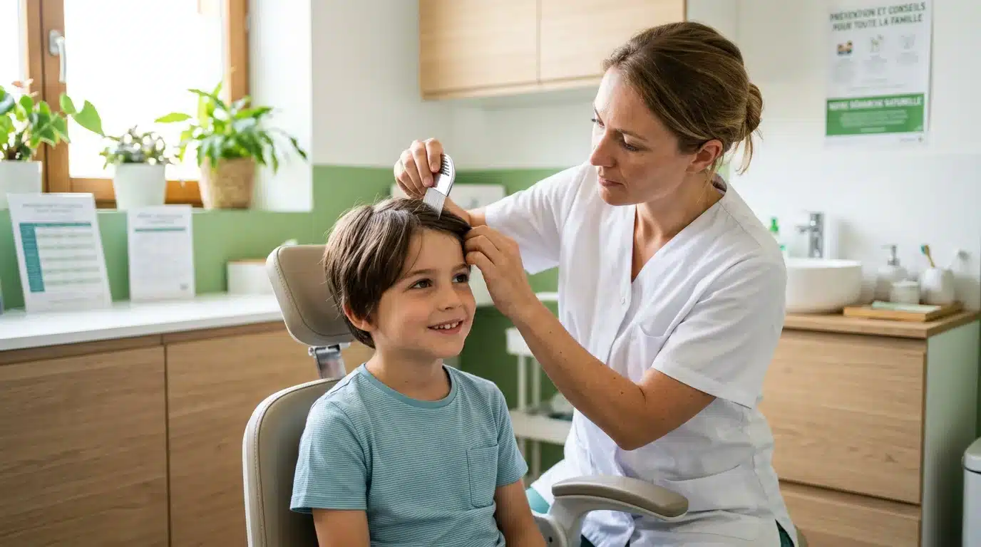 Un professionnel peigne les cheveux d'un enfant dans un centre anti-poux