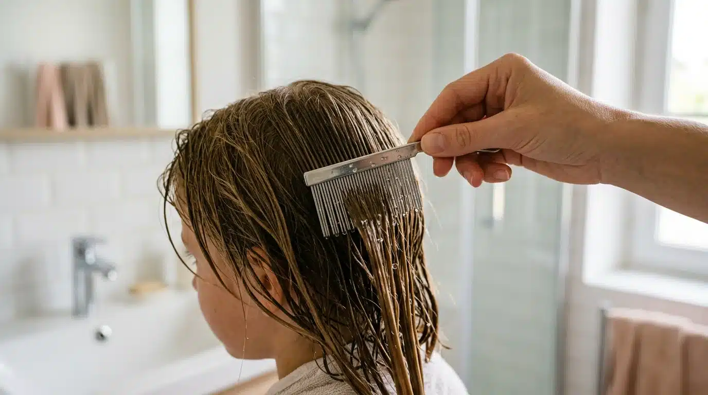 Peignage au peigne fin métallique sur cheveux humides pour retirer les poux