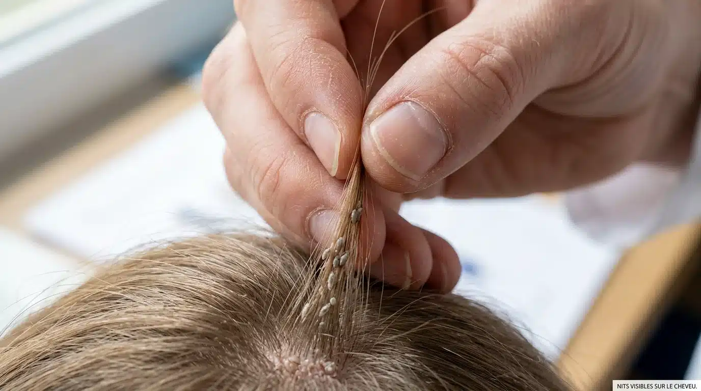 Gros plan sur une mèche de cheveux avec des lentes accrochées près du cuir chevelu