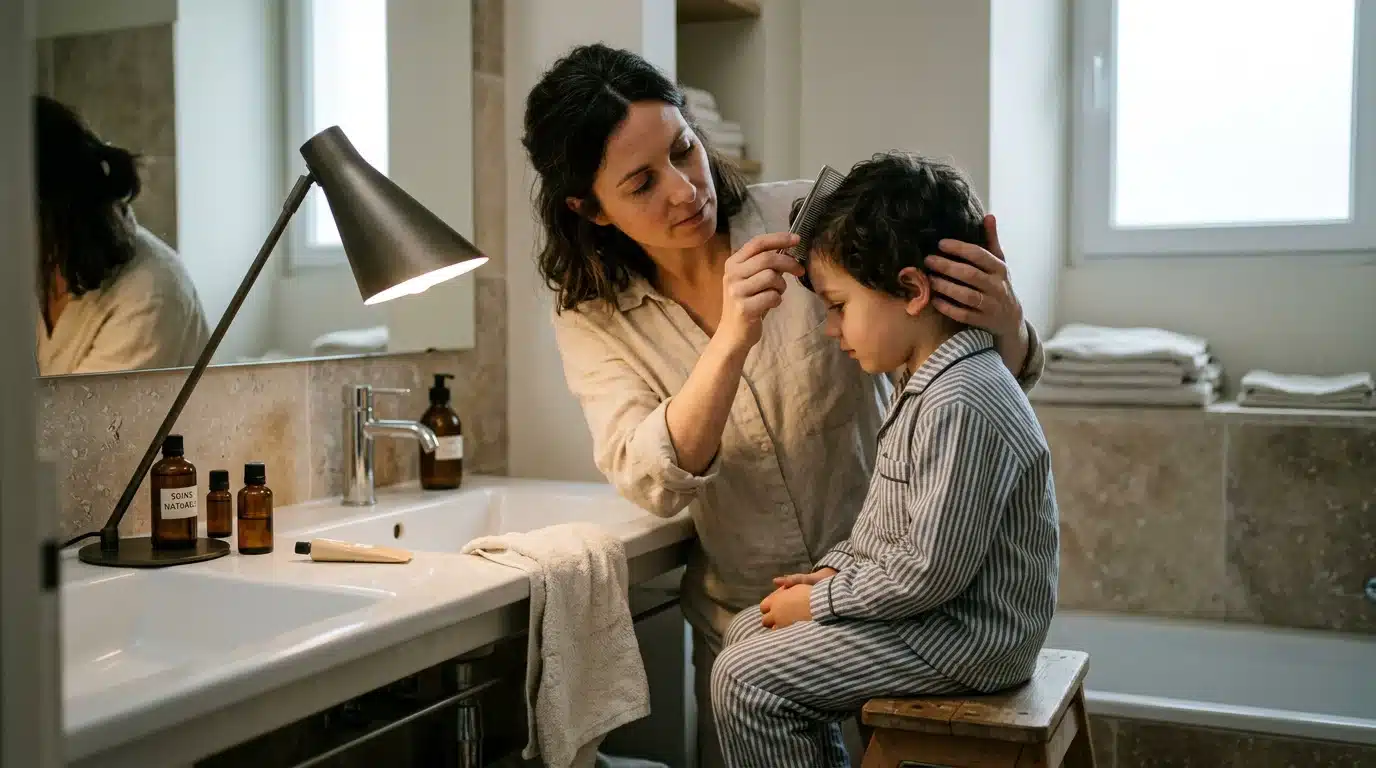 Parent inspectant les cheveux d'un enfant avec un peigne fin sous une lampe