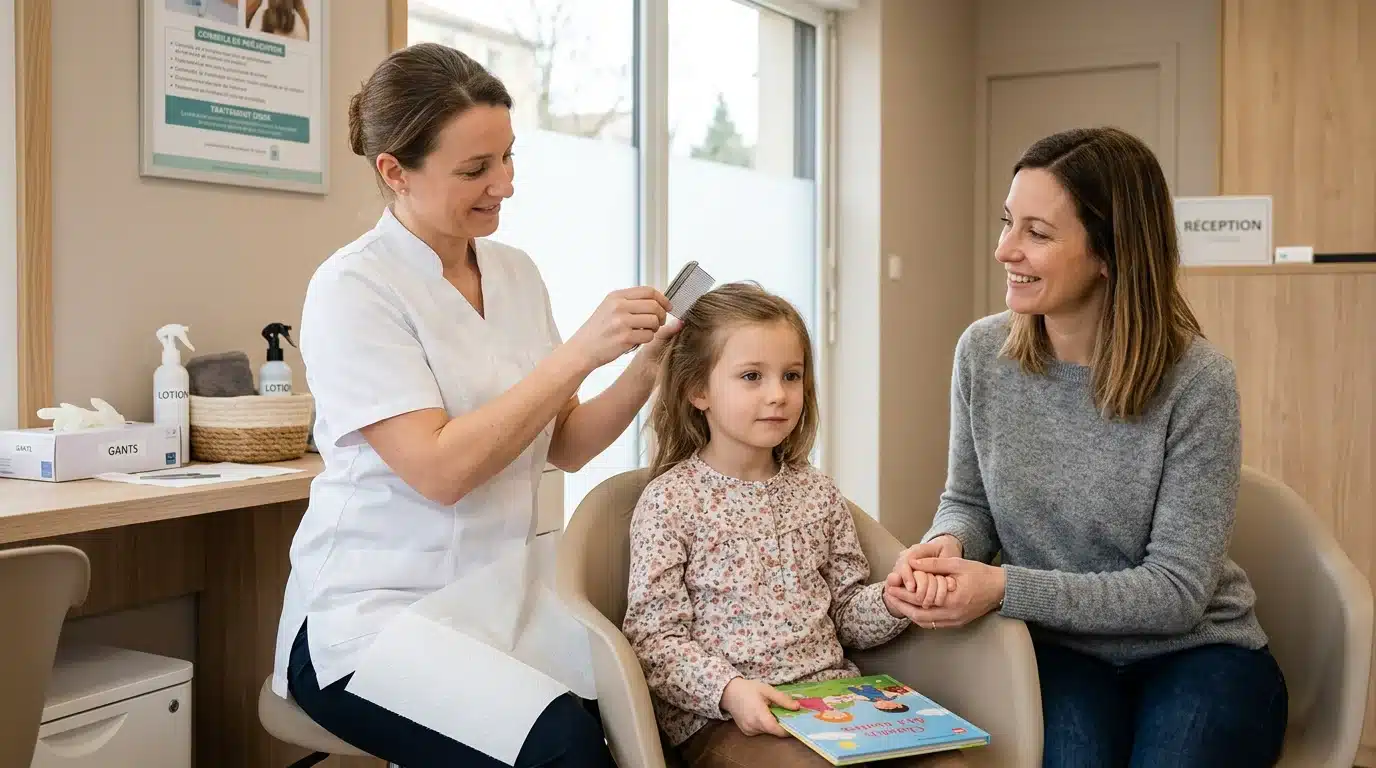 Spécialiste peignant les cheveux d'une enfant dans un centre anti-poux