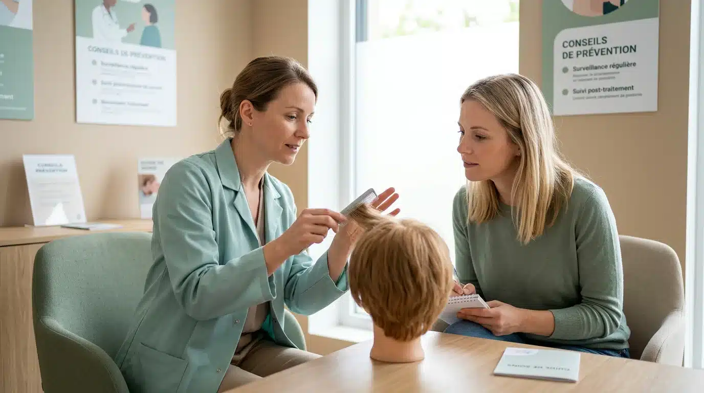 Spécialiste anti-poux donnant des conseils de prévention à un parent